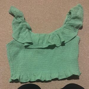 American Eagle Outfitters Green Ruffled Smocked Crop Top